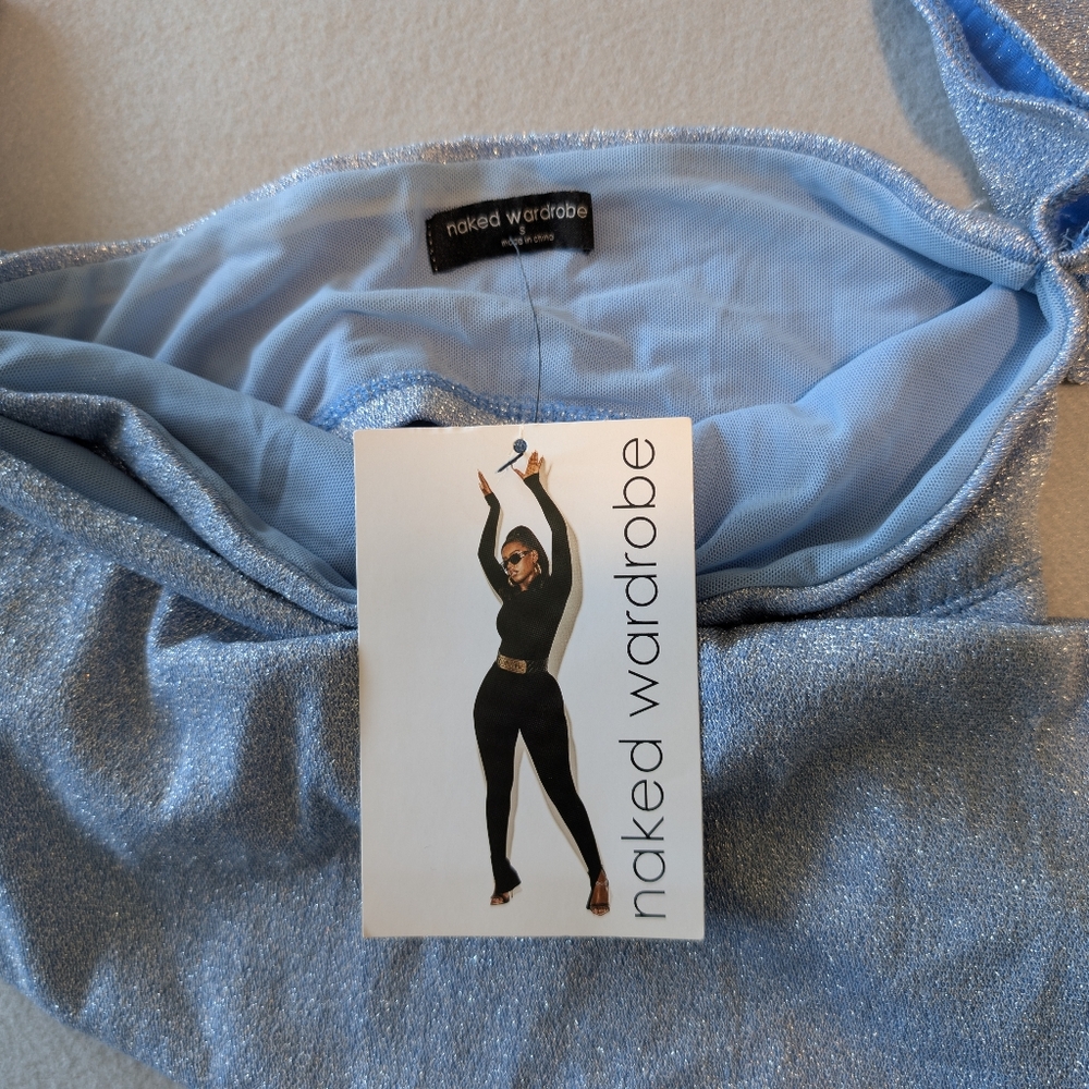 Naked Wardrobe One Shoulder Shimmer Metallic Long Sleeve Blue Top Small NWT image 6
